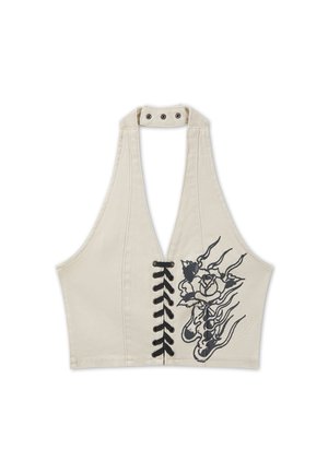 Crop top beige à col licou avec laçage noir à l'avant et motif floral en flammes noires sur le côté droit.