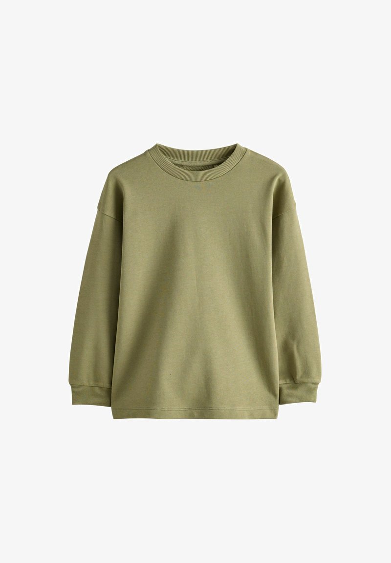 Olive green long-sleeve sweatshirt with a crew neck, ribbed cuffs, and a soft texture. Simple design without additional patterns or logos.