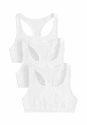Weiße Baumwoll-Bralettes im Racerback-Design. Glatte Textur, drei Teile mit abgerundetem Halsausschnitt und elastischen Säumen präsentiert.