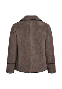 Brown fleece jacket with a textured surface, open collar, and contrasting black stitch detailing along the edges and sleeves.