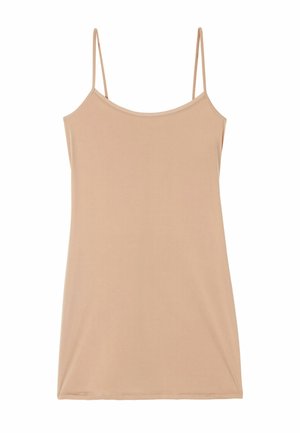 Robe nuisette nude avec des bretelles fines en spaghetti, texture lisse et une silhouette simple et droite. Sans motifs ni embellissements.