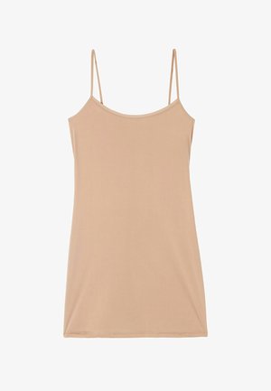Nacktes Slip-Kleid mit dünnen Spaghettiträgern, glatter Textur und einer einfachen, geraden Silhouette. Keine Muster oder Verzierungen.