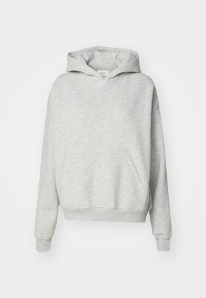 Sweatshirt cinza com um bolso frontal, capuz com cordão e punhos canelados. Feito de um tecido macio e texturizado, apresenta um design de ajuste descontraído.