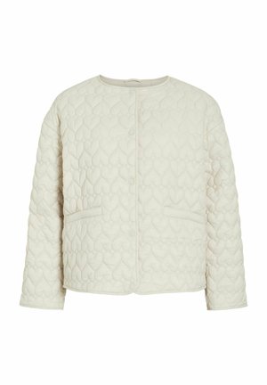 Quilted light beige jacket with a round neck, featuring heart-shaped patterns, front pockets, and button closure. Soft texture.