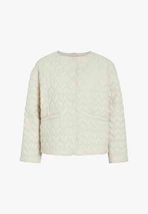 Gequilted lichtbeige jas met een ronde hals, voorzien van hartvormige patronen, voorkantzakken en knoopsluiting. Zachte textuur.