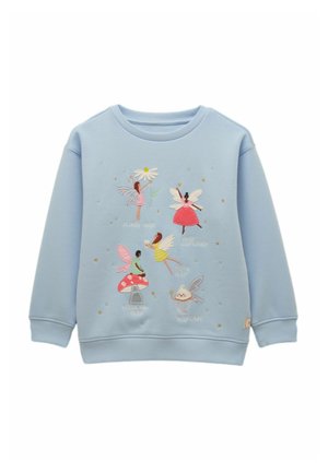 Hellblaues Sweatshirt mit bestickten Feen auf der Vorderseite, beschriftet als Blume, Feenpatin, Wald, Zahn und Feenkuchen.