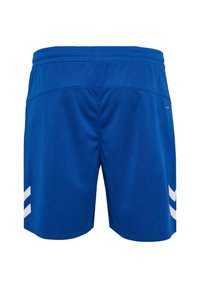 Blå sportshorts gjorda av lättviktsmaterial, med en slät textur, elastisk midja och vita snedstreck på sidorna.