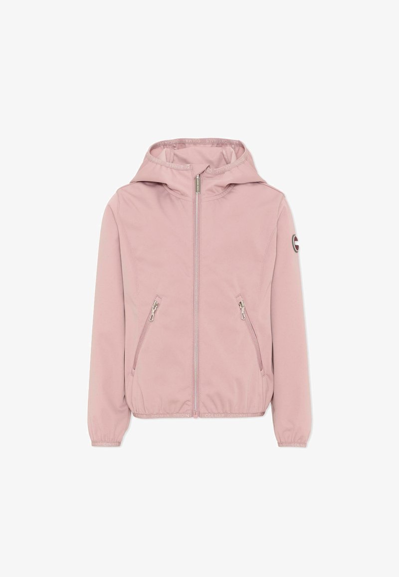 Giacca con cappuccio color rosa chiaro con zip frontale, due tasche diagonali con zip, polsini elastici e patch con logo sulla manica sinistra.