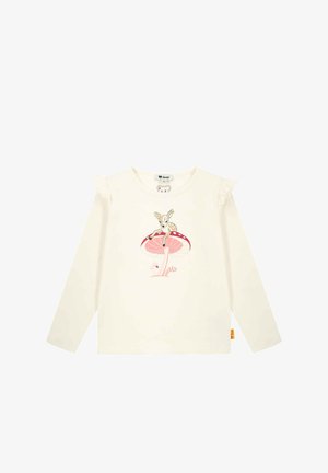 Langärmliges cremefarbenes Hemd mit Rüschendetails, das eine Grafik eines Rehkitzes auf einem pinken Pilz zeigt. Weiche Textur, runder Ausschnitt, lässiges Design.