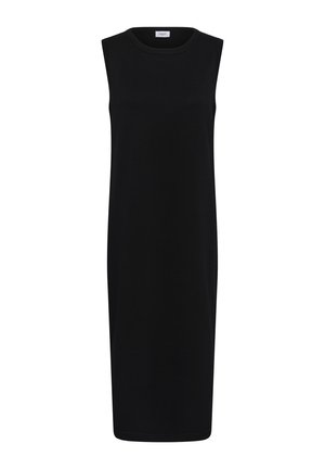 Robe midi noire sans manches avec encolure ronde et coupe droite, réalisée en tissu lisse, présentée sur fond blanc.