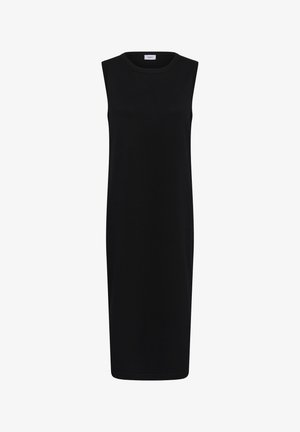 Robe midi noire sans manches avec encolure ronde et coupe droite, réalisée en tissu lisse, présentée sur fond blanc.