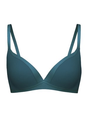 Teal, naadloze onderwire bh met driehoekige cups, verstelbare bandjes en een gladde textuur. Voorzien van een brede band voor extra ondersteuning.