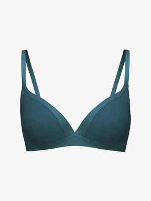 Reggiseno teal senza cuciture con coppe triangolari, spalline regolabili e una texture liscia. Presenta una fascia ampia per il supporto.