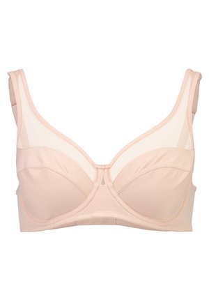 Soutien-gorge beige avec un tissu lisse, un soutien-gorge à armatures, des côtés semi-transparents et des bonnets structurés avec un détail décoratif central.