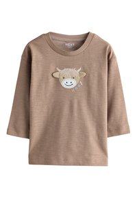 Brown long-sleeve shirt with an embroidered cow face featuring textured hair, ears, and the word "Moo!" in blue. Soft fabric finish.