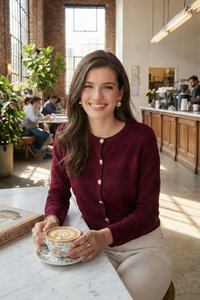 Mladá žena v bordovom svetri sedí pri kaviarenskom stole, drží kvetinový šálku kávy s latte art, usmieva sa do kamery, kniha v blízkosti.