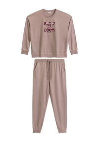 Jasnobrązowy zestaw bluzy i spodni dresowych wykonany z miękkiej tkaniny. Bluza ma okrągły dekolt i graficzny nadruk. Spodnie dresowe mają elastyczny pas.