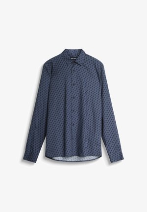 Camicia a maniche lunghe blu navy con motivo a diamante, apertura frontale con bottoni e orlo curvo. Presenta un colletto classico e polsini interni a contrasto.