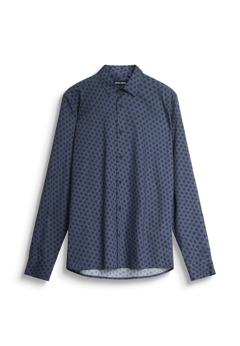 Camicia a maniche lunghe blu navy con motivo a diamante, apertura frontale con bottoni e orlo curvo. Presenta un colletto classico e polsini interni a contrasto.