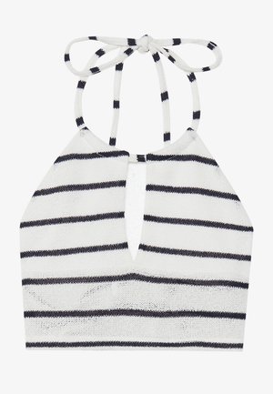 Striped knit bralette in white and navy, featuring a halter neck tie, a V-shaped cutout at the front, and textured fabric.