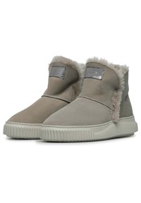 Stivaletti alla caviglia in suede grigio con rivestimento in pelliccia sintetica, dotati di suola in gomma ribattuta e patch in metallo con logo sul davanti. Finitura liscia e testurizzata.