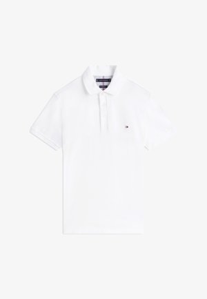 White short-sleeve polo shirt with collar, three buttons, and small Tommy Hilfiger logo on the left chest.