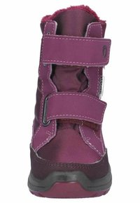 Botas de tela moradas con correas de velcro, forro suave, costuras en contraste y suela de goma flexible. Diseño de punta redondeada.