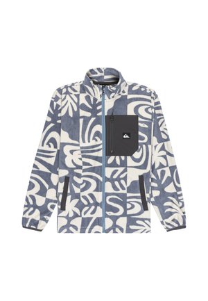 Fleecejacke mit blau-weißem abstraktem Blumenmuster, durchgehendem Reißverschluss, elastischen Bündchen und einer schwarzen, mit Reißverschluss versehenen Brusttasche mit Logo.
