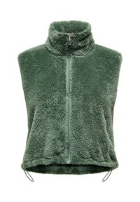 Roheline fliisvest kõrge kraega ja ees tõmblukuga. Pehme, tekstureeritud materjal; allääres nöörid reguleeritava sobivuse jaoks.