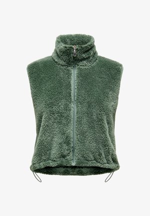 Vihreä fleeceliivi korkealla kauluksella ja edessä vetoketju. Pehmeä, teksturoitu materiaali; helmaosassa kiristysnauhat säädettävää istuvuutta varten.