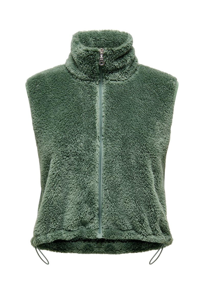 Roheline fliisvest kõrge kraega ja ees tõmblukuga. Pehme, tekstureeritud materjal; allääres nöörid reguleeritava sobivuse jaoks.