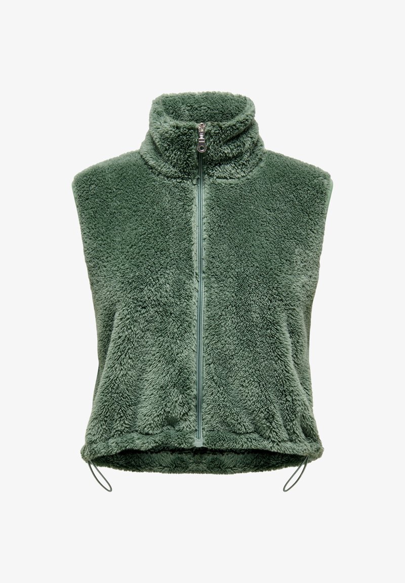 Roheline fliisvest kõrge kraega ja ees tõmblukuga. Pehme, tekstureeritud materjal; allääres nöörid reguleeritava sobivuse jaoks.