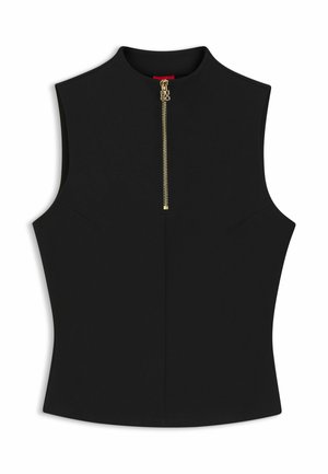 Czarny top bez rękawów z wysokim kołnierzem i złotym suwakiem z przodu.