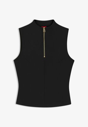Czarny top bez rękawów z wysokim kołnierzem i złotym suwakiem z przodu.