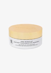 Rund beholder med et gullokk og hvit bunn, merket "Pro Miracle Instant Radiance Eye Renewal." Inneholder 30 par øyepatches.