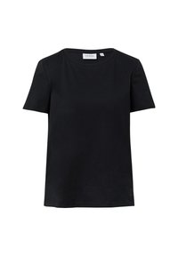 Zwarte kortekorte mouw t-shirt van katoen, met een ronde halslijn en een eenvoudig, onopgesmukt ontwerp met een klein logo op de zijkant.