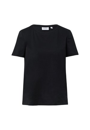Schwarzes T-Shirt mit kurzen Ärmeln aus Baumwolle, mit Rundhalsausschnitt und einfachem, unauffälligem Design, das ein kleines Logo an der Seite enthält.