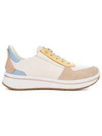 Low-top sneaker with beige suede toe, white leather body, yellow lace area, blue and tan heel accents, and thick white sole with gum outsole.