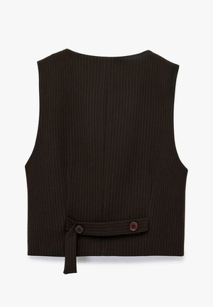 Gilet sans manches à rayures marron, au design ajusté, avec un lacet dans le dos et deux boutons, mettant en valeur une texture de tissu lisse.