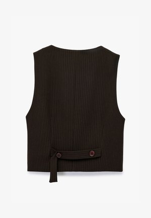 Braun gestreifter ärmelloser Weste mit tailliertem Design, ausgestattet mit einem Rückengurt und zwei Knöpfen, die eine glatte Stoffoberfläche präsentieren.