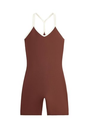 Combinaison de sport marron sans manches, avec des bordures blanches, de fines bretelles, un col en V et un short ajusté.