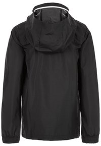 Czarna wodoodporna kurtka z przymocowanym kapturem, elastycznymi mankietami i widocznym wykończeniem, pokazana z tyłu na białym tle.