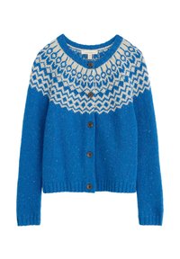 Sininen neulottu villatakki, jossa on kuvioraita kerma värissä. Varustettu ruskeilla napeilla, ribbailluilla hihansuilla ja helmalla, sekä teksturoidulla pinnalla.