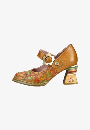 Zapato Mary Jane de cuero marrón con patrones florales, una hebilla grande en forma de flor dorada y un tacón ancho decorado multicolor.