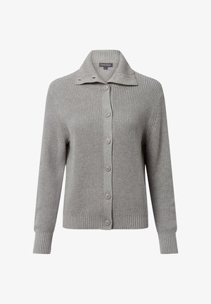 Szary kardigan dzianinowy o ryfaltowej fakturze, z kołnierzem i sześcioprzyciskowym zapięciem. Posiada długie rękawy i luźny krój.