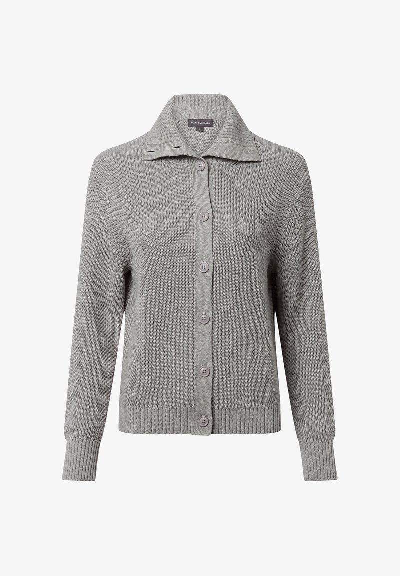 Szary kardigan dzianinowy o ryfaltowej fakturze, z kołnierzem i sześcioprzyciskowym zapięciem. Posiada długie rękawy i luźny krój.