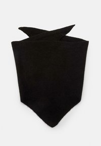 Czarny wełniany szal w kształcie trójkąta z ostrymi końcami. Miękka tekstura, minimalistyczny design, idealny do warstwowego noszenia lub jako dodatek.