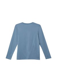 Langärmliges Hemd in Hellblau, aus weichem Stoff, mit Rundhalsausschnitt und einfachem Design. Keine Muster oder Verzierungen sichtbar.