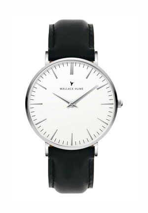 Montre minimaliste avec cadran rond blanc, index et aiguilles argentés, bracelet en cuir noir, et marquage "Wallace Hume" sous 12 heures.