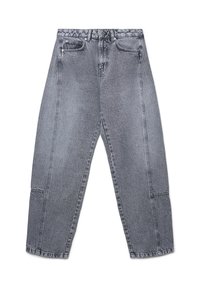Graue hochgeschnittene tapered Jeans mit vorderen Taschen, Gürtelschlaufen und sichtbarem Nahtdesign entlang der Beine.